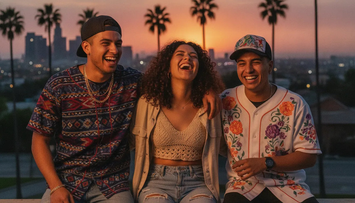 Latino friends in embroidered Mexican baseball jerseys and caps in the Los Angeles evening