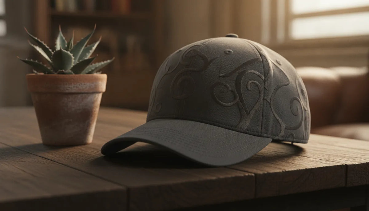 Premium Mexican beisbol hat with embroidered craftsmanship resting on a dark wooden table