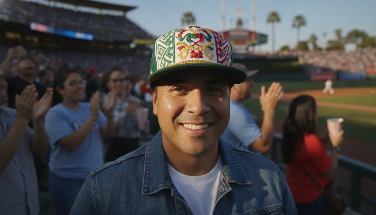A proud Mexican American fan wearing an embroidered beisbol cap in Mexican state colors at a sunny ballpark