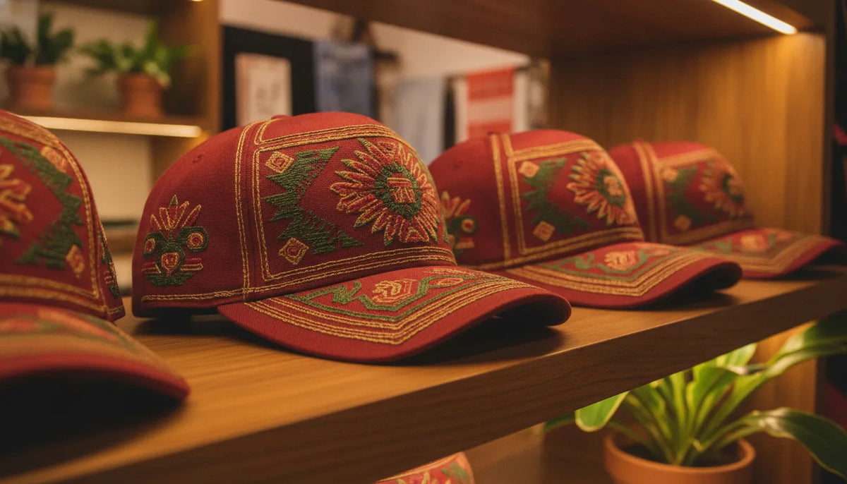 A curated beisbol premium hat collection of Mexican-style baseball caps with embroidered detail on a warm wooden shelf