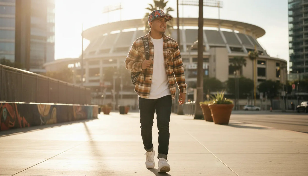 A young man wearing an embroidered beisbol sports lifestyle hat and a casual flannel, standing on a sunny city sidewalk.