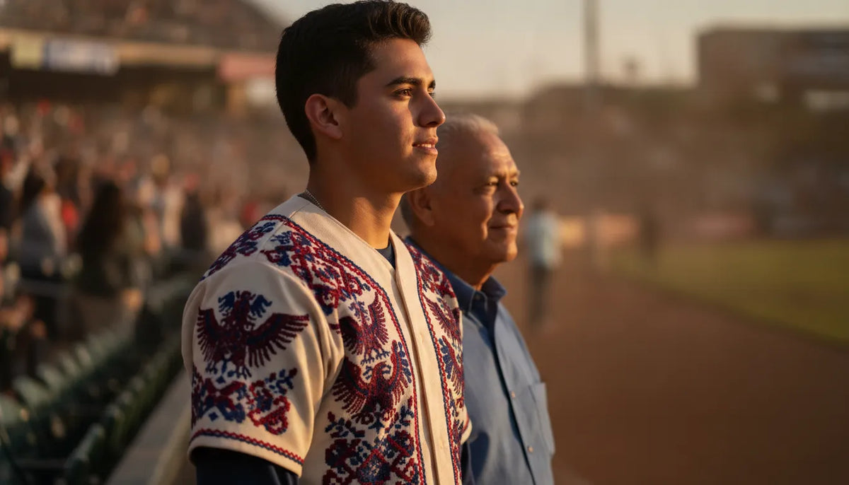 A proud fan wearing an embroidered Mexican state baseball jersey at a warm Texas game-day evening