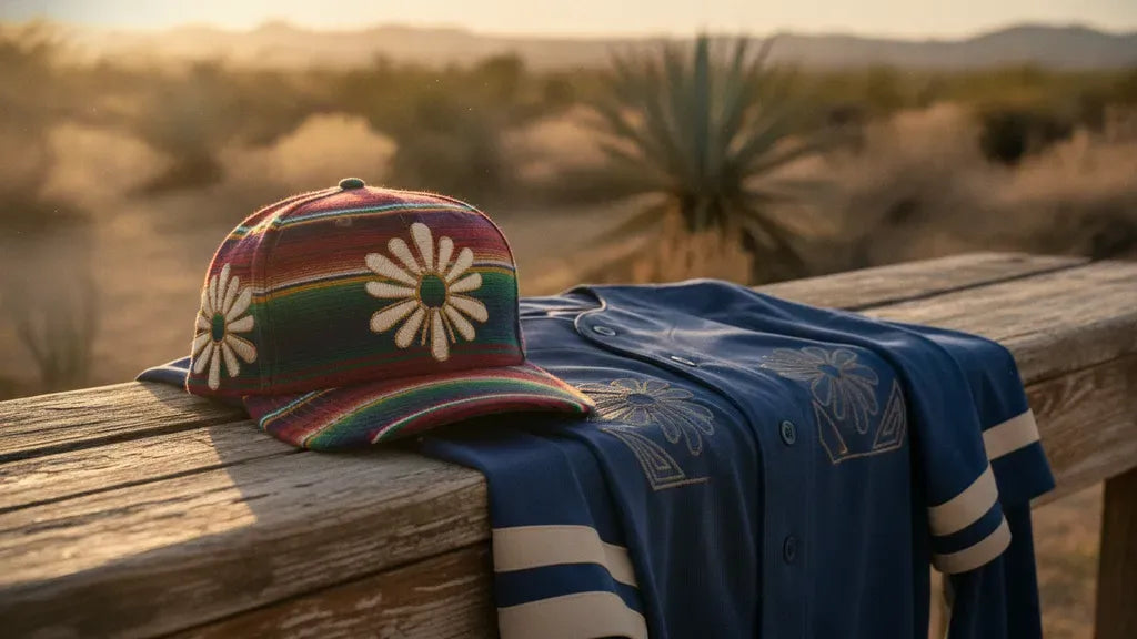 Mexican-style fitted baseball hat beside a jersey in warm Texas evening light