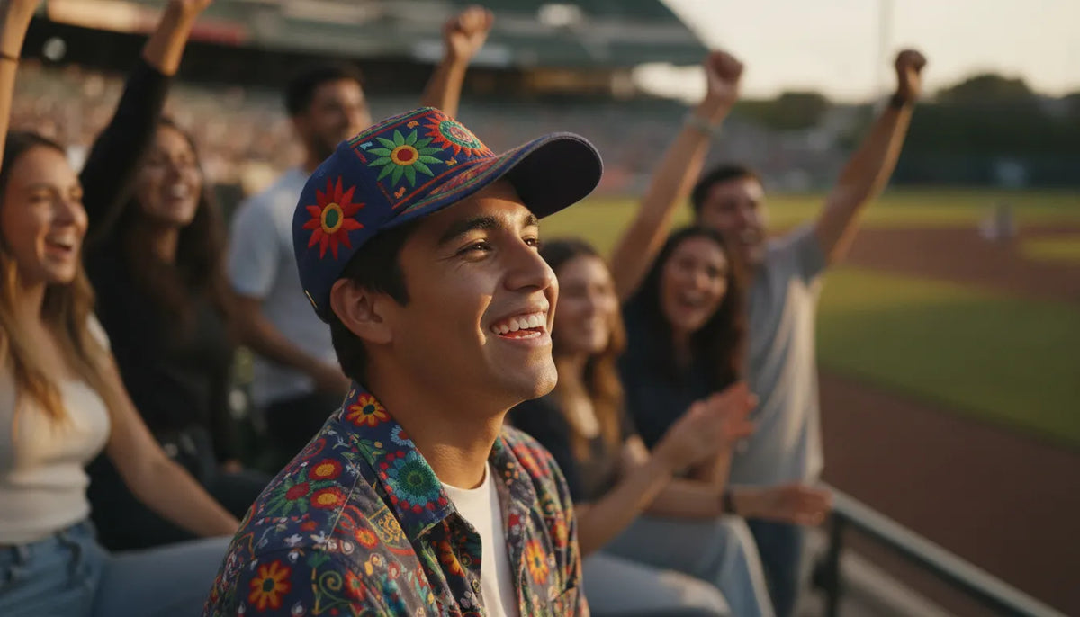 Latino man wearing an embroidered Mexican-style beisbol hat at a Texas ballpark