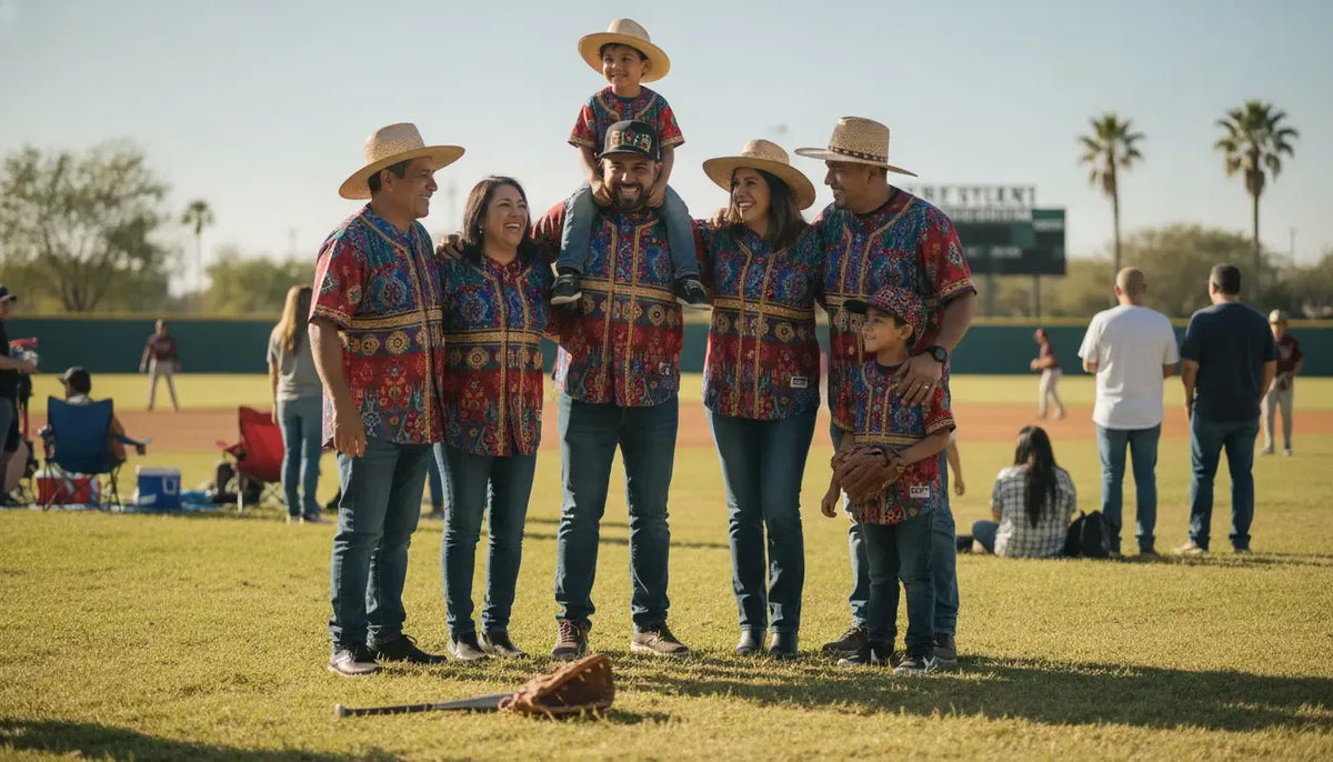 Mexican heritage baseball jersey and hat styled for a Texas family game day