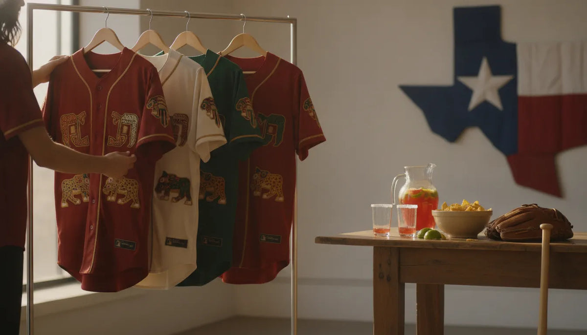 Mexican baseball jerseys arranged for a Texas game day collection