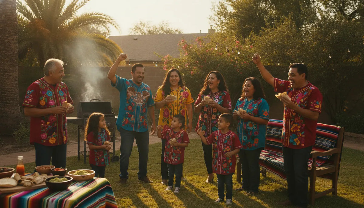 Mexican-American family in a Texas backyard on game day wearing embroidered Mexican state baseball jerseys