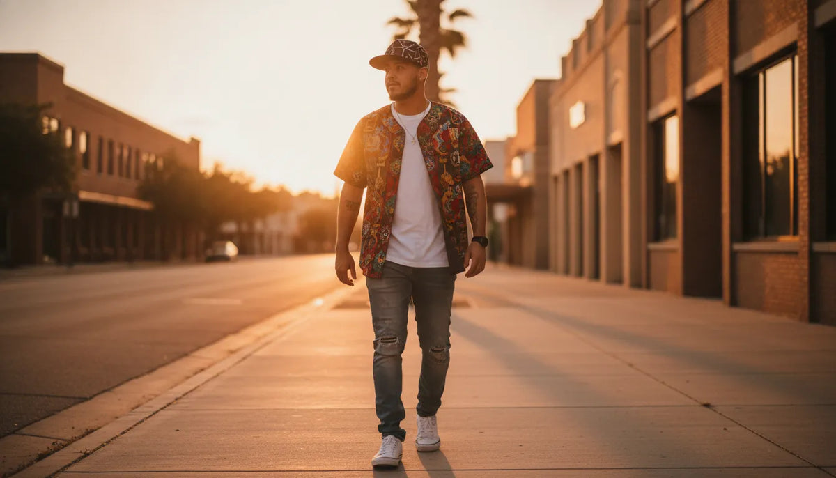 Mexican-American man in embroidered Mexican state baseball jersey and beisbol cap walking a Texas street
