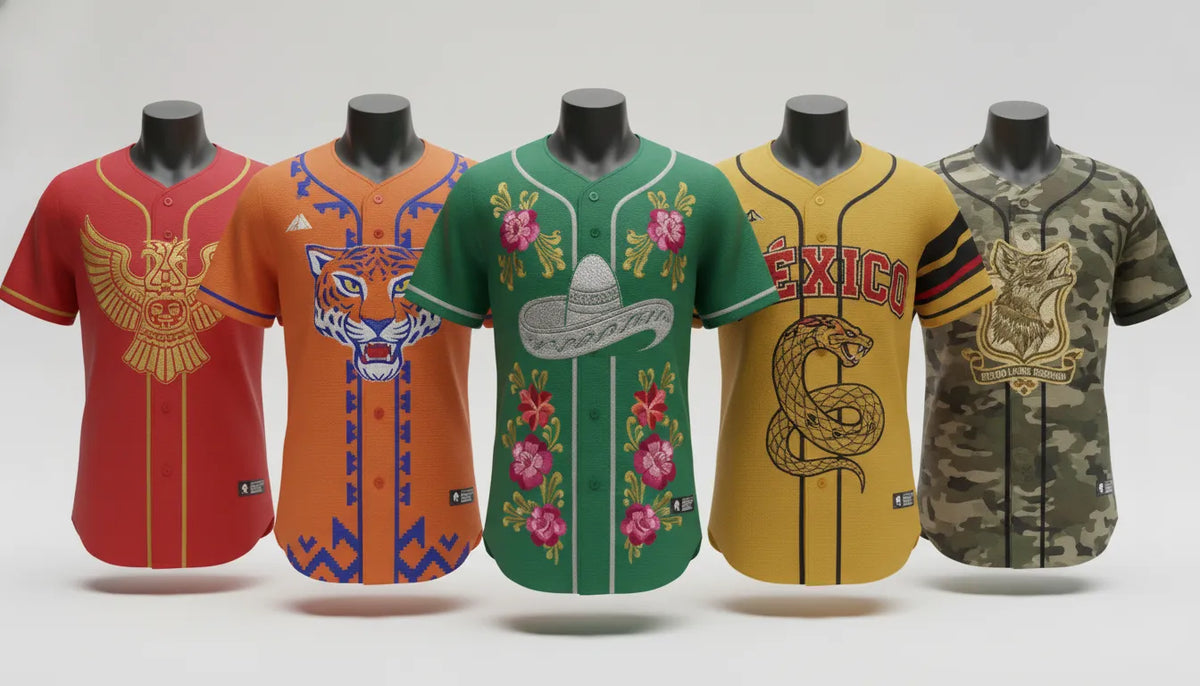 Colección de jerseys de béisbol de estados mexicanos exhibidos con colores vibrantes