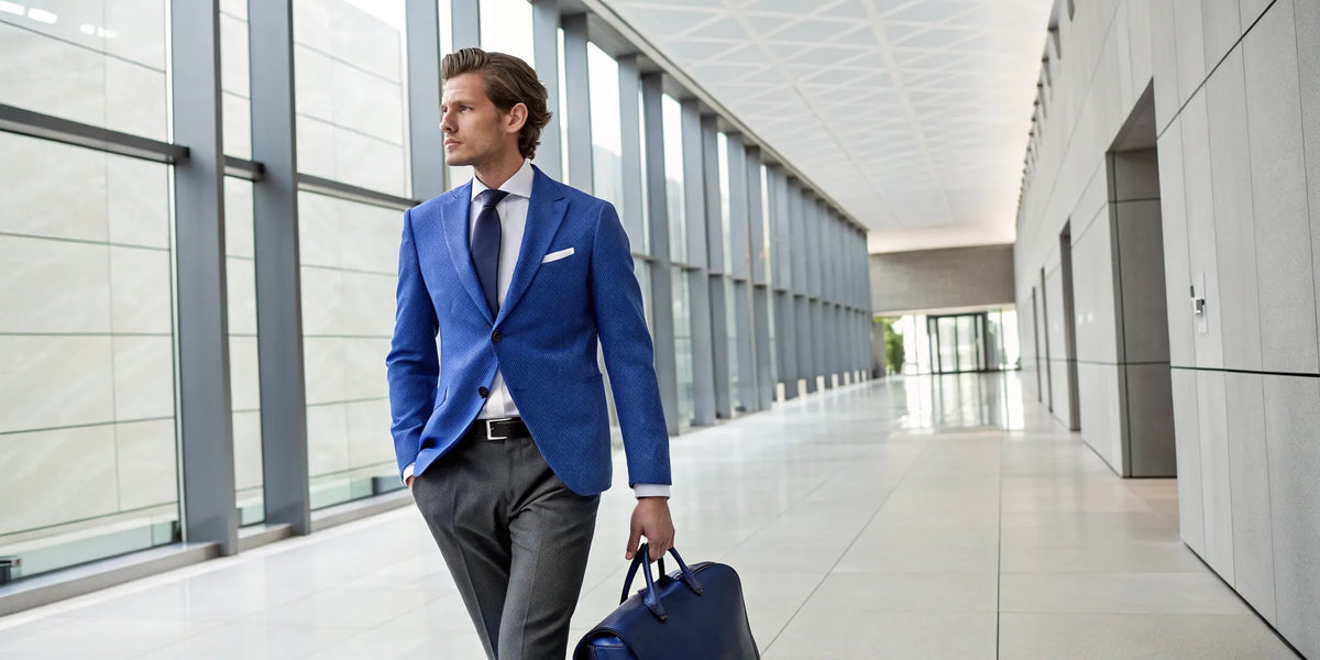A man in a blue blazer styles a sophisticated look inspired by LA Dodgers and béisbol fashion.