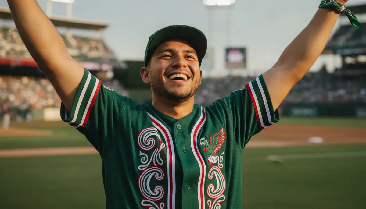 Camisola de béisbol mexicana premium con colores patrios y bordado profesional de alta calidad