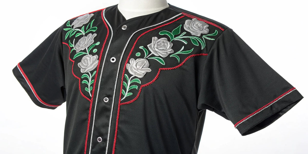 Charro style baseball jersey with traditional Mexican embroidery.