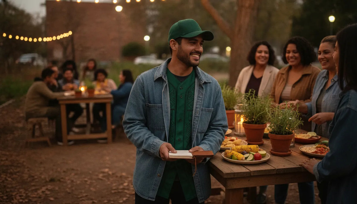 Mexican-American baseball fan in a dark green jersey and cap at an evening gathering