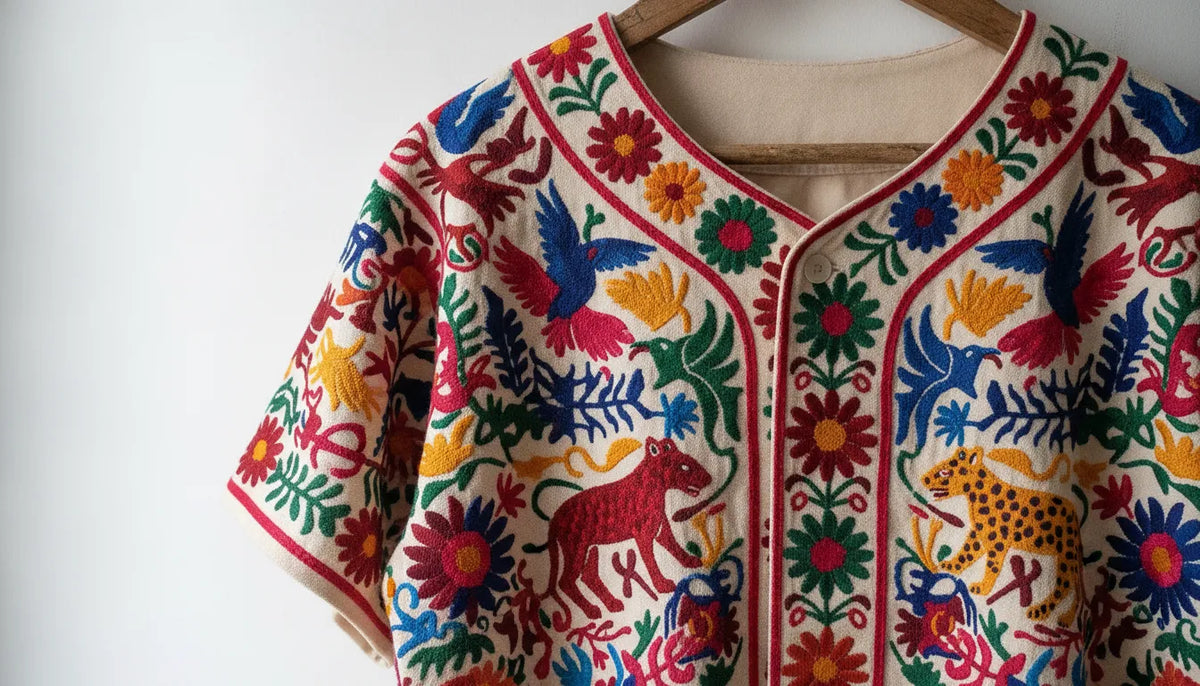 Jersey de beisbol mexicano con bordados colgado en un gancho de madera mostrando sus detallados hilos de colores