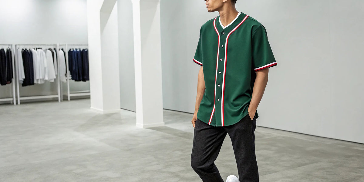 Hombre en tienda de ropa para comprar una camisa de beisbol de Mexico.