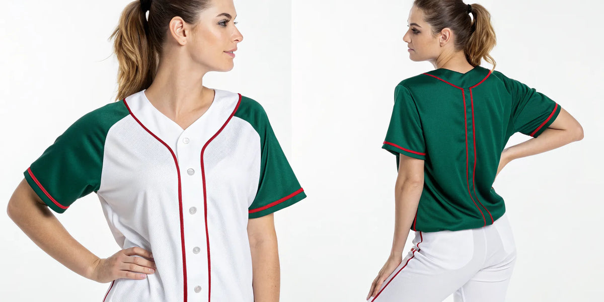 A woman wearing a white women's Mexico baseball jersey with green sleeves and red trim.