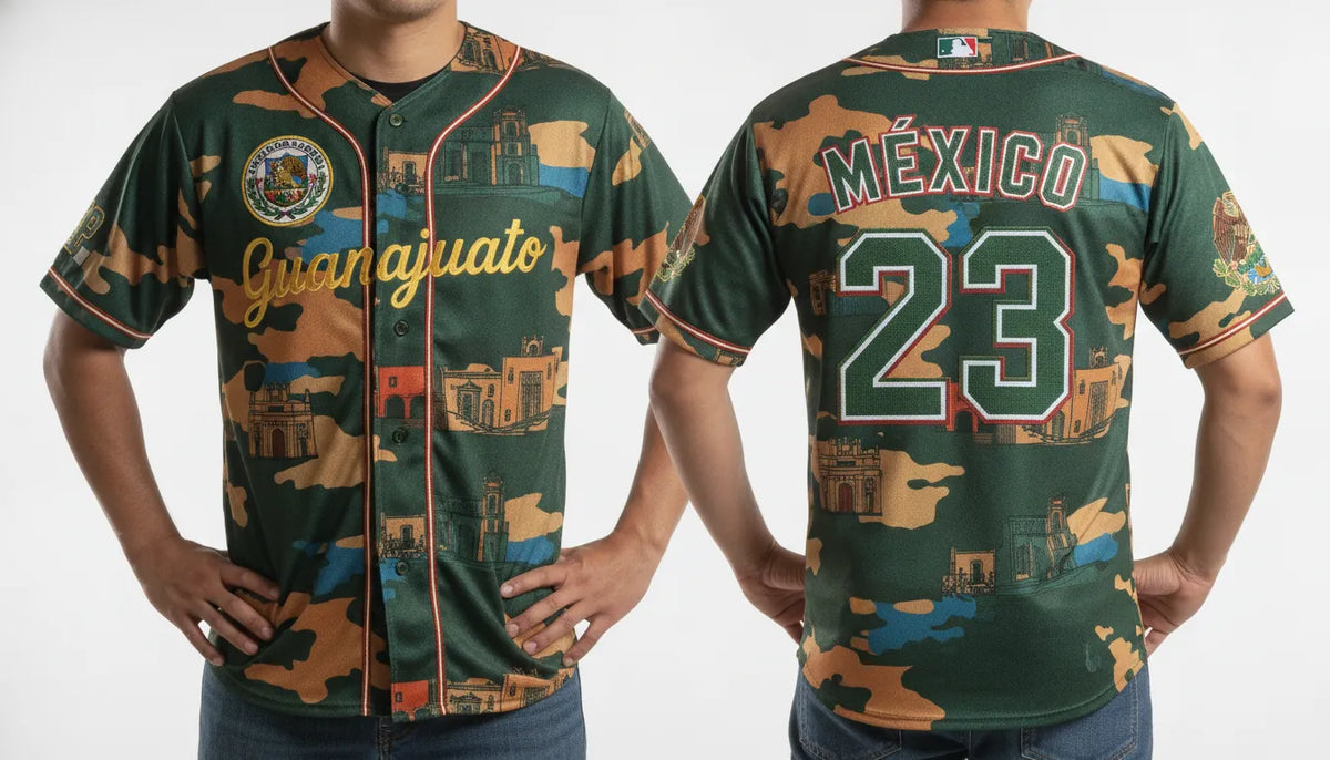 Guanajuato Camo baseball jersey showcasing camouflage pattern with embroidered details