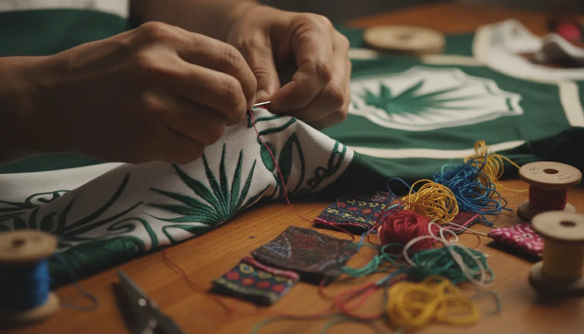 Artesana cosiendo un jersey de beisbol hecho en Mexico con hilos de colores