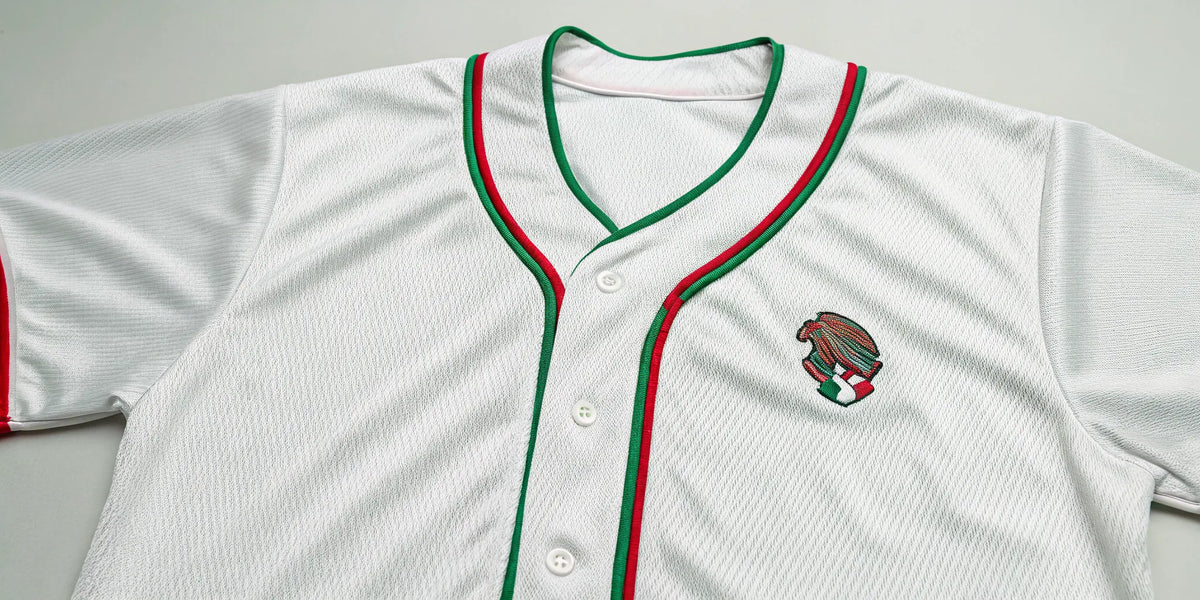 Authentic white Mexico baseball jersey with green and red trim.