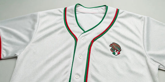 Authentic white Mexico baseball jersey with green and red trim.