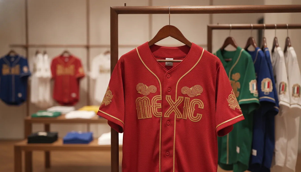 Jersey de béisbol mexicano rojo con bordados colgado en un perchero