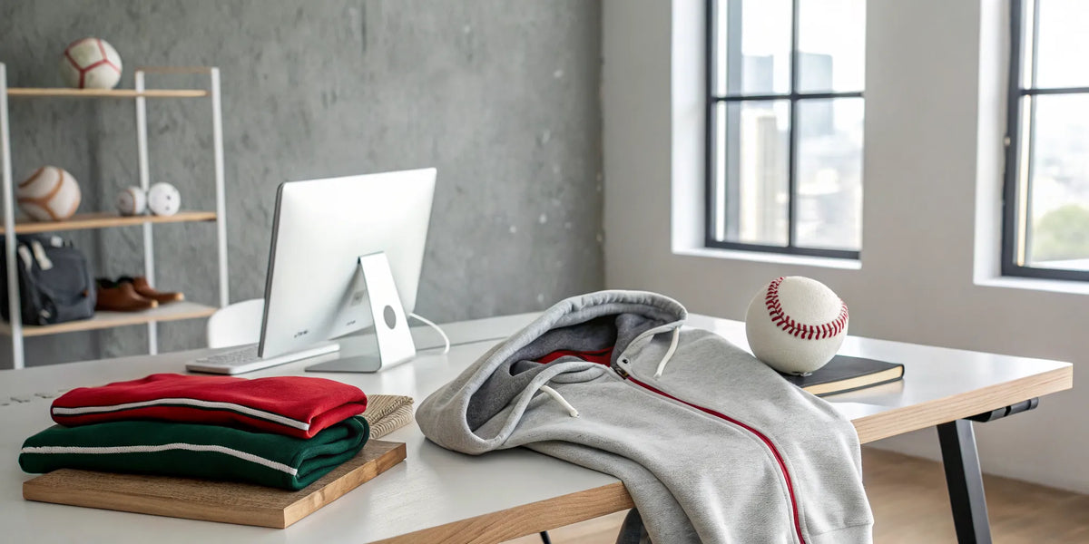 A Mexican baseball hoodie for sale online, shown with a baseball and laptop.