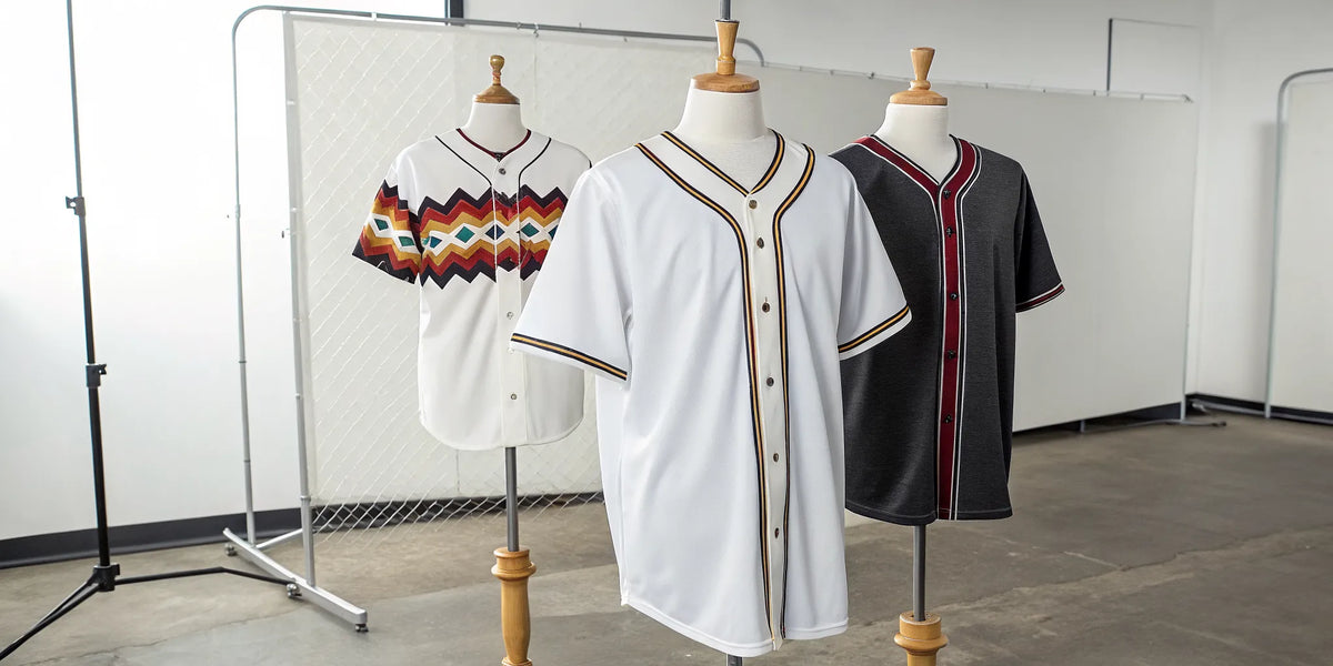 Button-down Aztec baseball jerseys in black and white with detailed cultural designs.