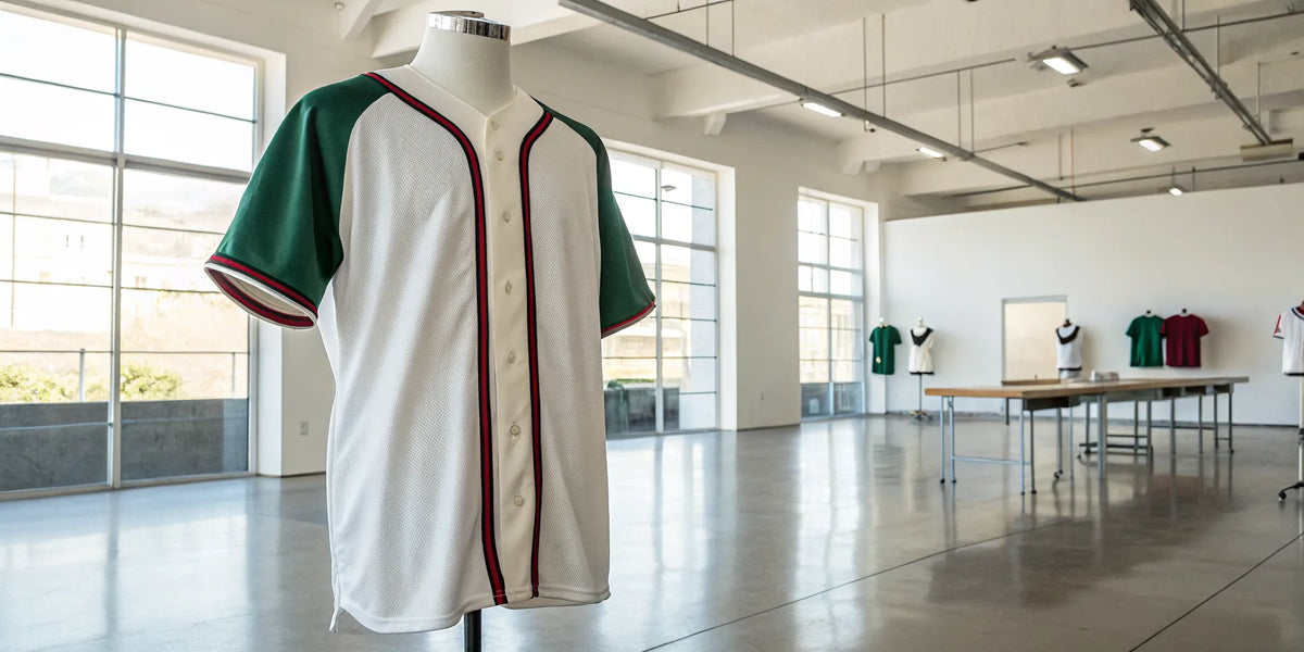 A custom Mexican baseball jersey with green sleeves and red trim.