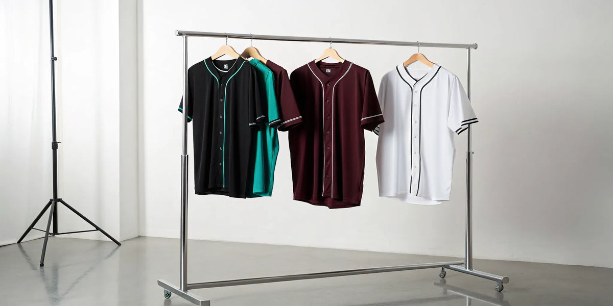 A selection of Diamond Backs beisbol jersey styles hanging on a rack.