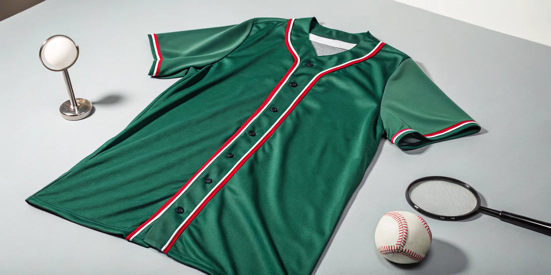 Inspecting the quality of an authentic Mexican baseball jersey with a magnifier.