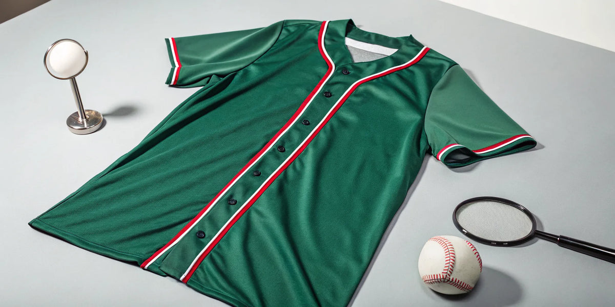 Inspecting the quality of an authentic Mexican baseball jersey with a magnifier.