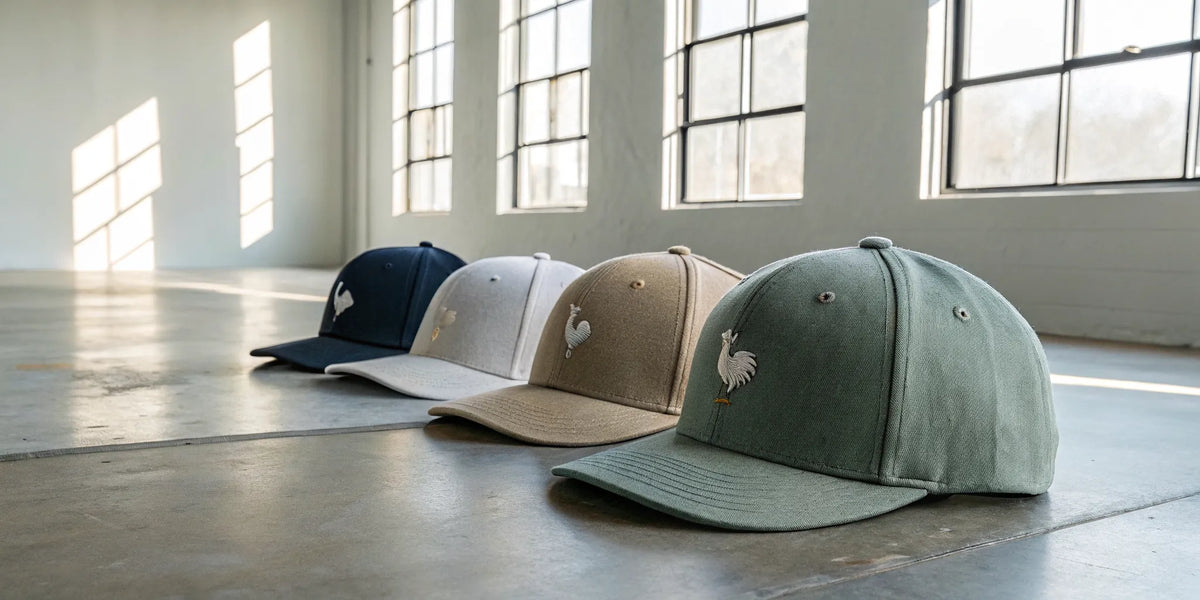 Colorful Beisbol Gallo Fino fashion hats with the signature rooster logo.