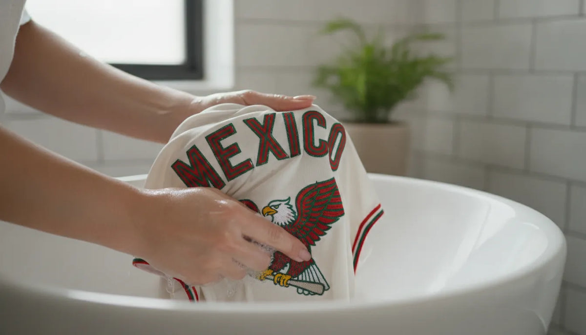 Embroidered Mexican baseball jersey being carefully washed