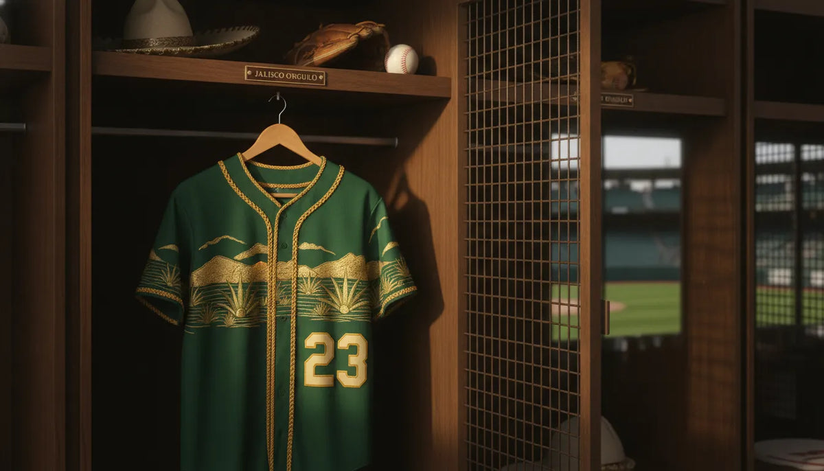 Green and gold Jalisco-inspired baseball jersey in a stadium locker