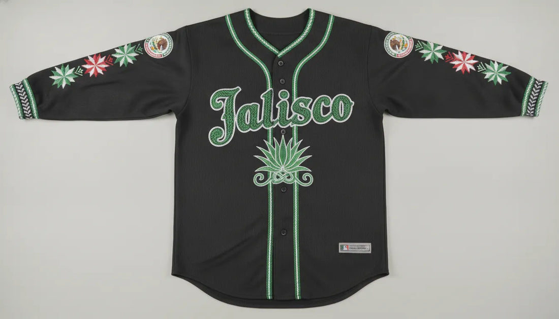 Authentic premium Jalisco baseball jersey in deep black with intricate green and white embroidered details
