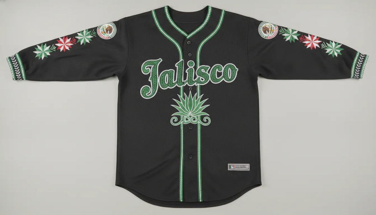 Authentic premium Jalisco baseball jersey in deep black with intricate green and white embroidered details