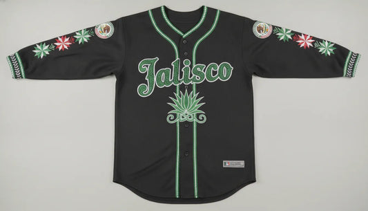 Authentic premium Jalisco baseball jersey in deep black with intricate green and white embroidered details