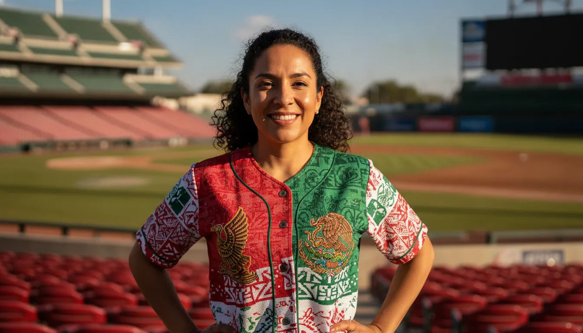 Jersey de beisbol mujer mexico con bordados mexicanos, estilizado con orgullo en un día de juego