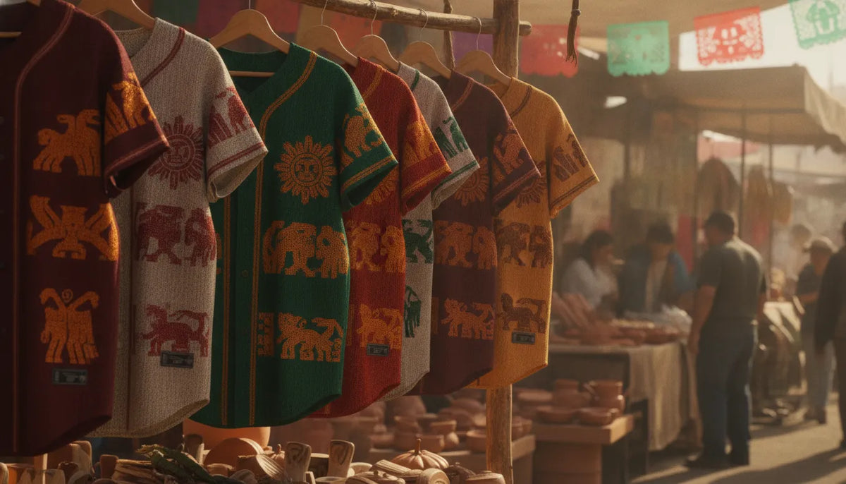 Jerseys mexicanos por estado con colores y bordados en un mercado