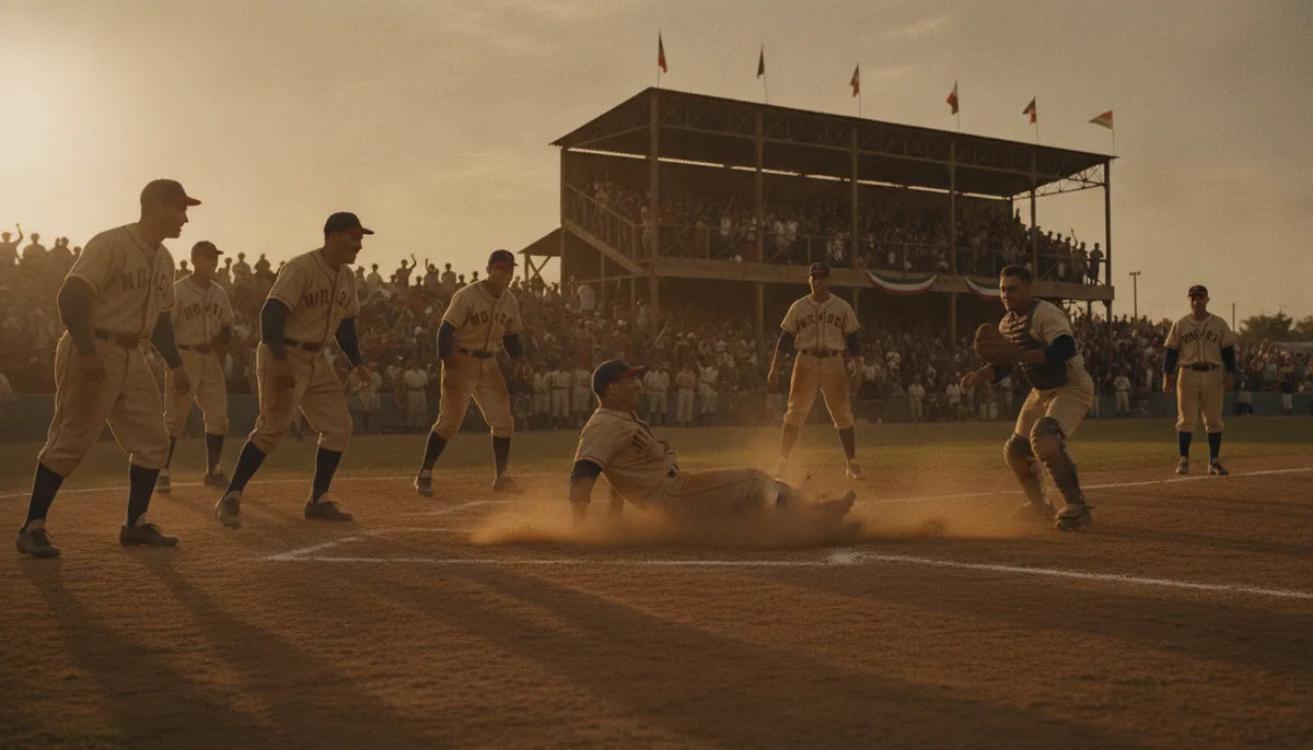 Escena de beisbol mexicano de epoca en un diamante al atardecer, herencia y orgullo