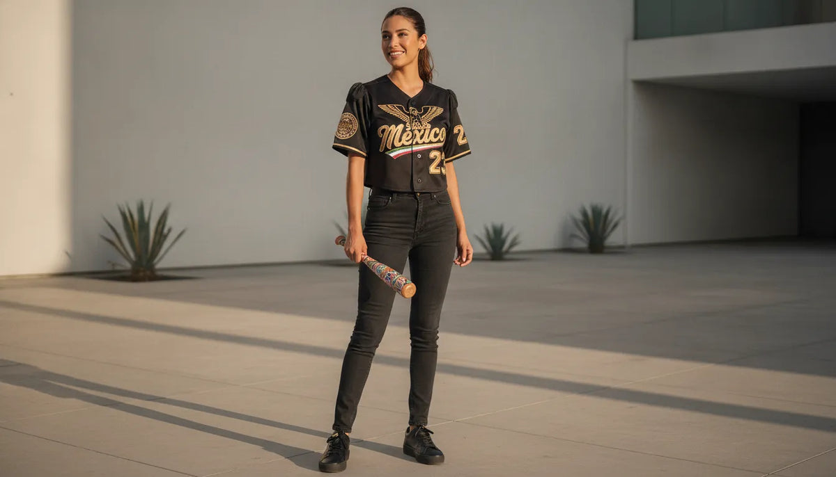 Jersey La Mexicana de Beisbol Dept para mujer - diseño negro con bordados mexicanos