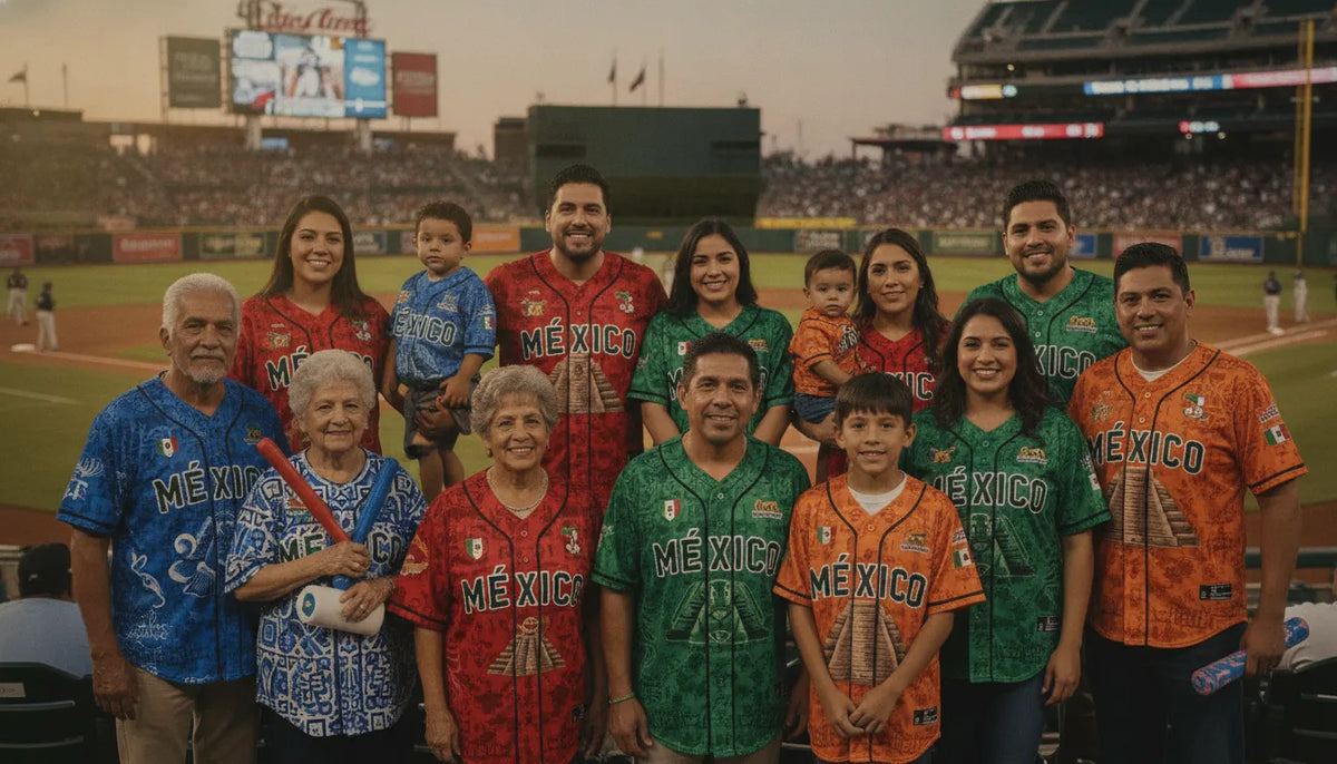 Family wearing coordinated matching Mexican baseball jerseys