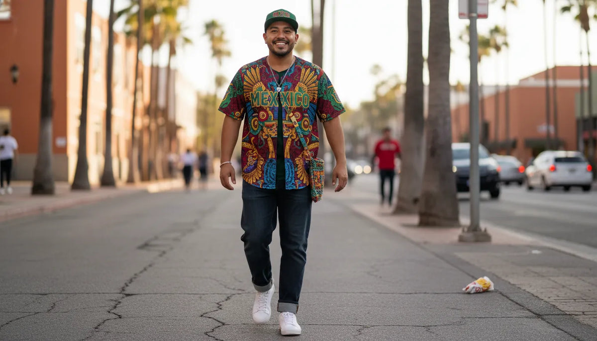 Man styling a Mexican baseball jersey with jeans
