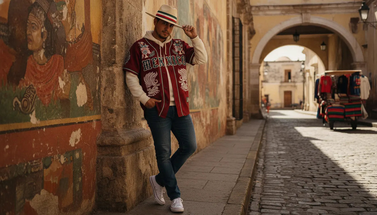 Mexican baseball jersey outfit coordination look with jersey layered over hoodie and paired with a stylish hat
