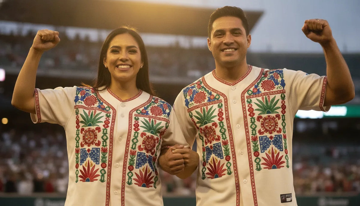 Men's Caballeros and women's Dama Mexican baseball jerseys side by side