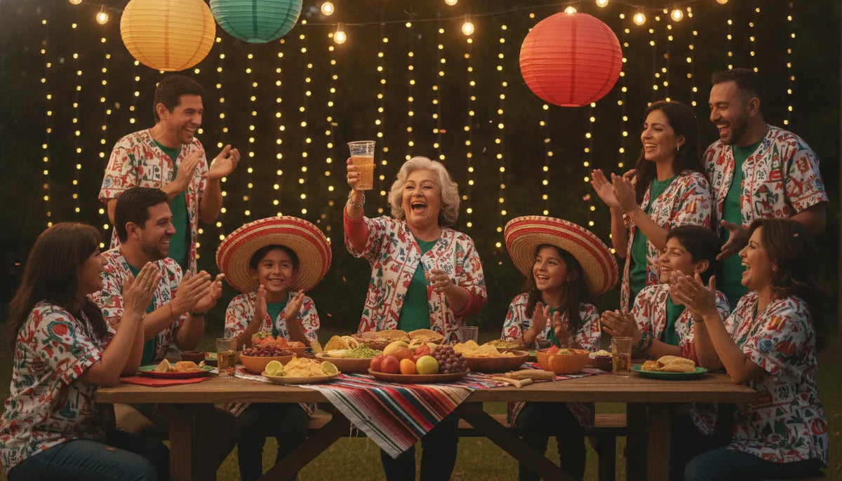 A joyful Mexican-American family in red, white and green baseball jerseys celebrating a festive outdoor Septiembre 16 evening.