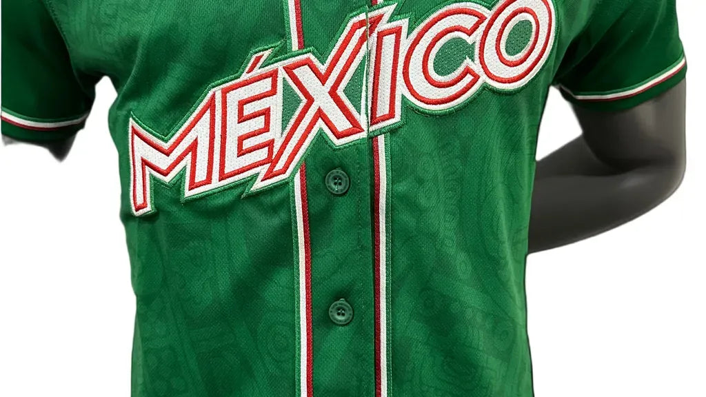 Mexican mundial jersey buying guide featuring a green Mexico baseball jersey with embroidered details