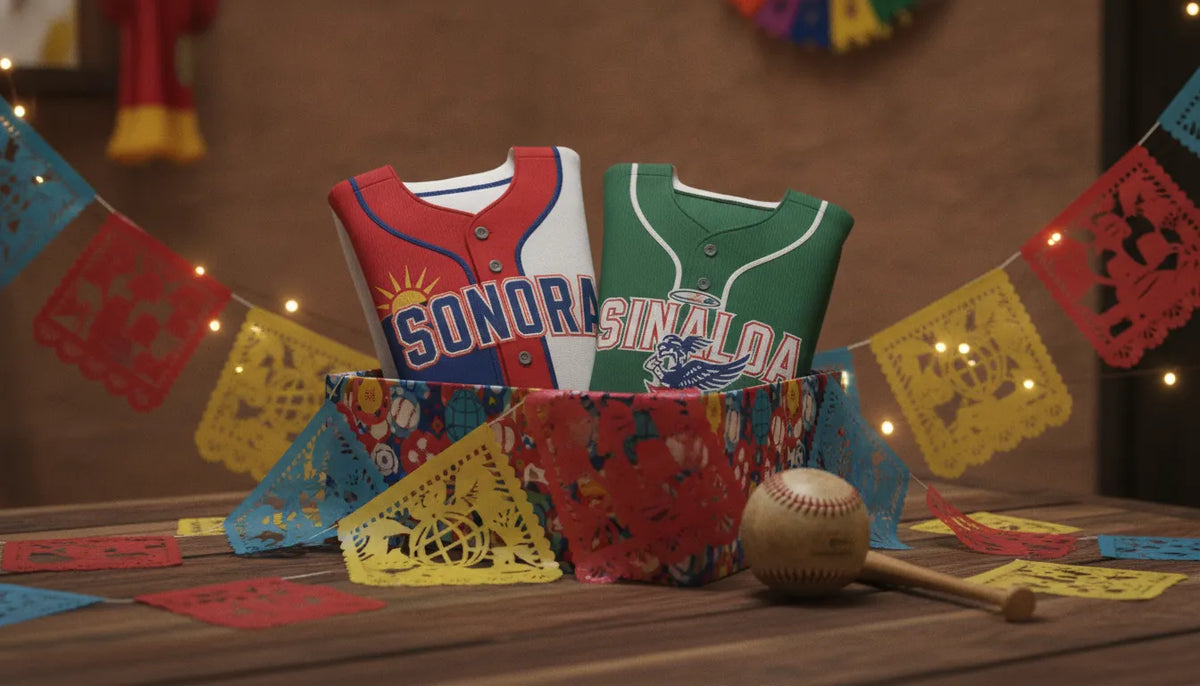 Mexican state baseball jerseys arranged as a gift with festive decorations