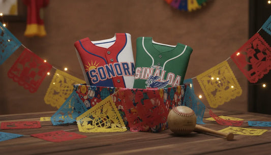 Mexican state baseball jerseys arranged as a gift with festive decorations