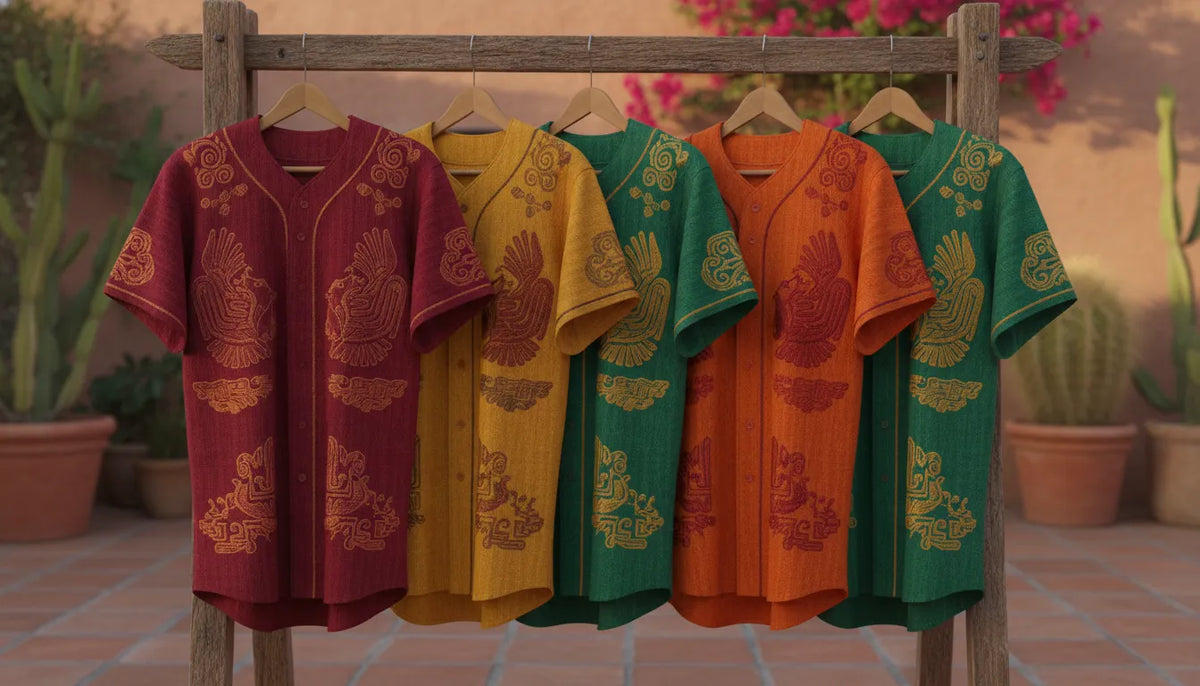 Vibrant Mexican baseball jerseys in red, orange, green and gold colors showing authentic craftsmanship and regional pride